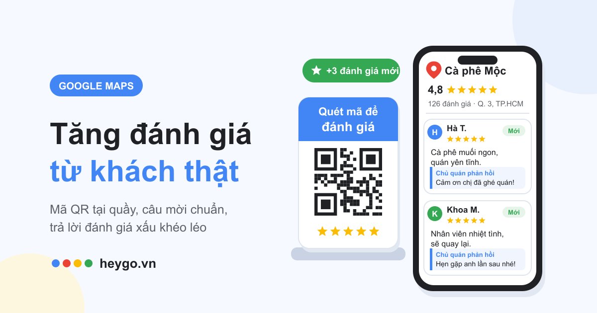 Minh họa standee mã QR “Quét mã để đánh giá” cạnh điện thoại hiển thị đánh giá 5 sao mới và phản hồi của chủ quán Cà phê Mộc