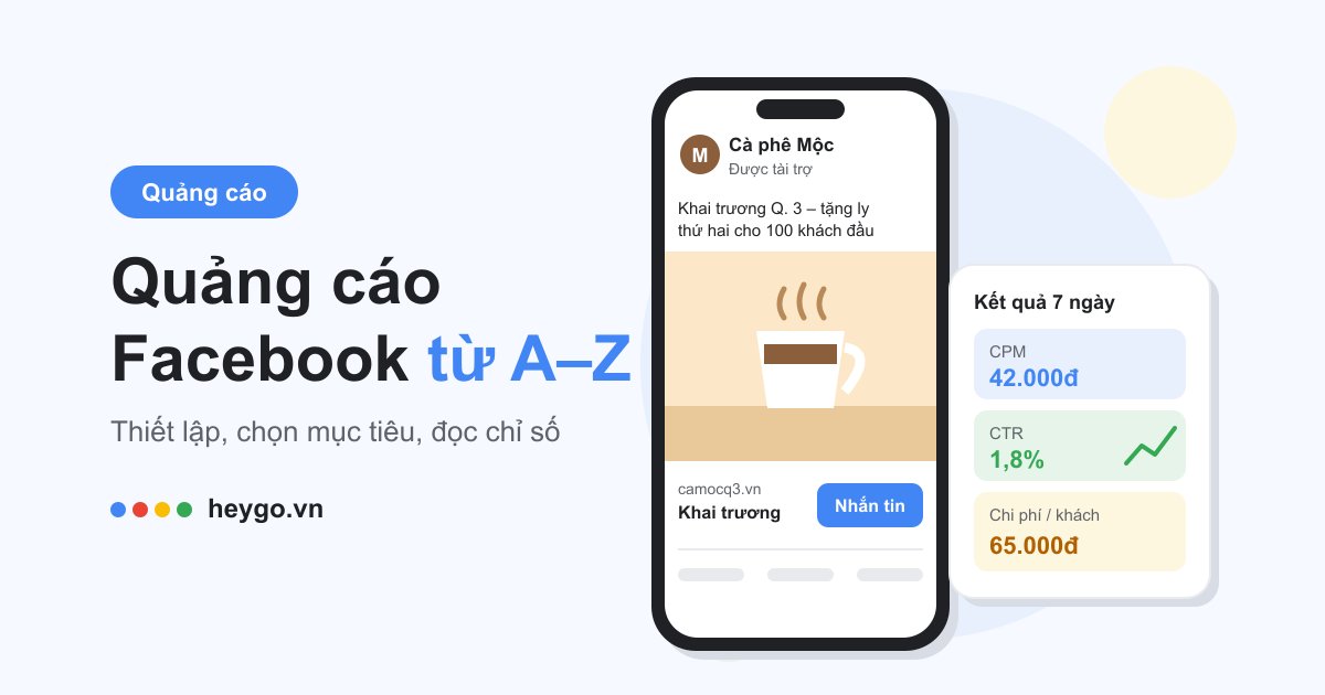 Minh họa điện thoại hiển thị bài quảng cáo được tài trợ của quán cà phê với nút Nhắn tin, bên cạnh thẻ kết quả CPM, CTR và chi phí mỗi khách