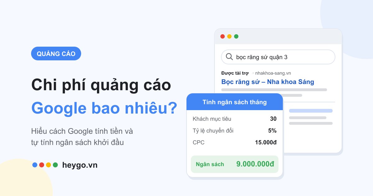 Minh họa kết quả tìm kiếm có quảng cáo “Được tài trợ” của Nha khoa Sáng cạnh thẻ tính ngân sách: 30 khách, tỷ lệ chuyển đổi 5%, CPC 15.000đ, ngân sách 9.000.000đ