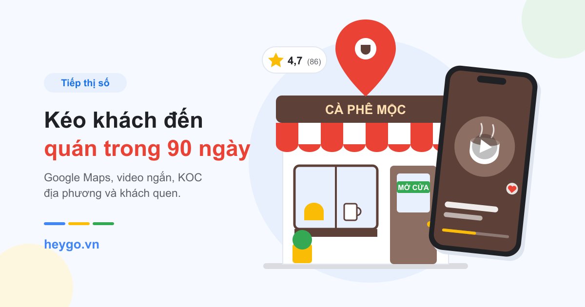 Minh họa mặt tiền quán Cà phê Mộc với ghim bản đồ phía trên, điểm đánh giá 4,7 sao và điện thoại đang phát video ngắn về ly cà phê