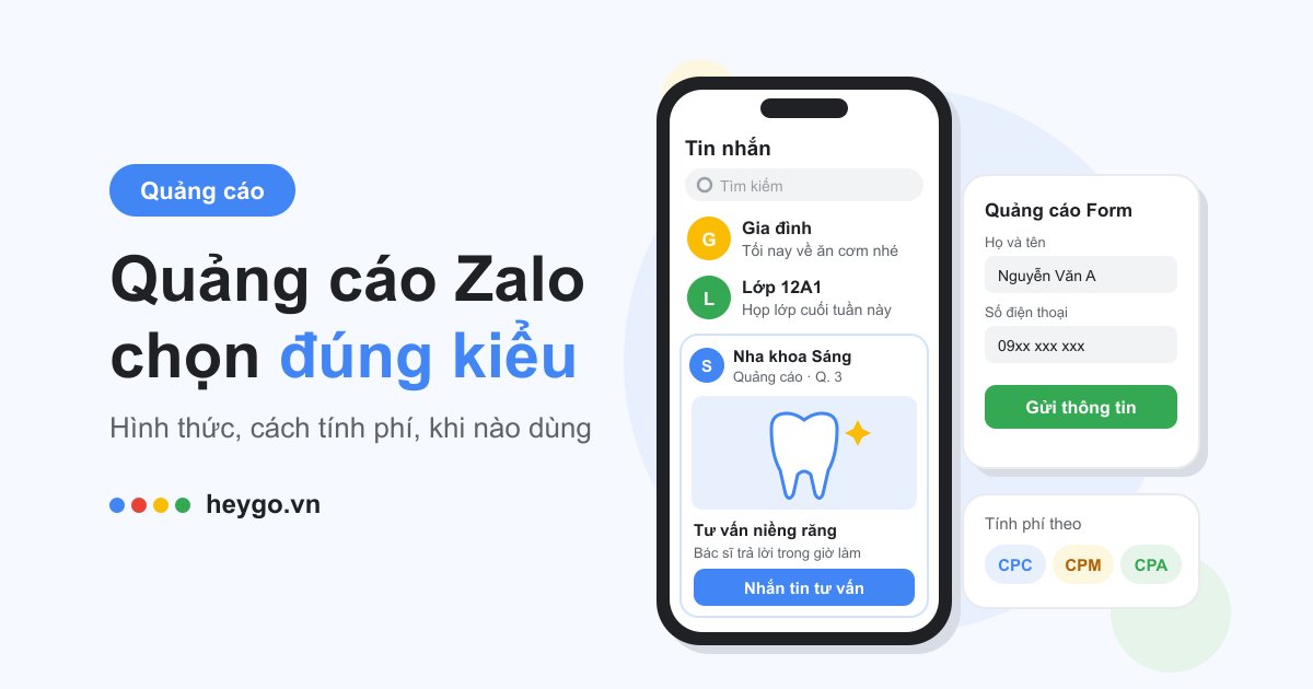 Minh họa điện thoại ứng dụng nhắn tin có quảng cáo tin nhắn của nha khoa, bên cạnh mẫu quảng cáo Form và các cách tính phí CPC, CPM, CPA