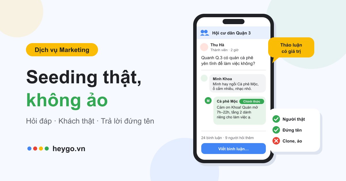 Minh họa điện thoại hiển thị một bài hỏi đáp trong nhóm cộng đồng, khách thật chia sẻ trải nghiệm và trang thương hiệu trả lời công khai, bên cạnh thẻ so sánh seeding thật và bình luận ảo