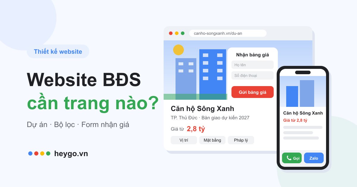 Minh họa trang dự án căn hộ trên máy tính và điện thoại với giá từ, form nhận bảng giá và hai nút Gọi, Zalo