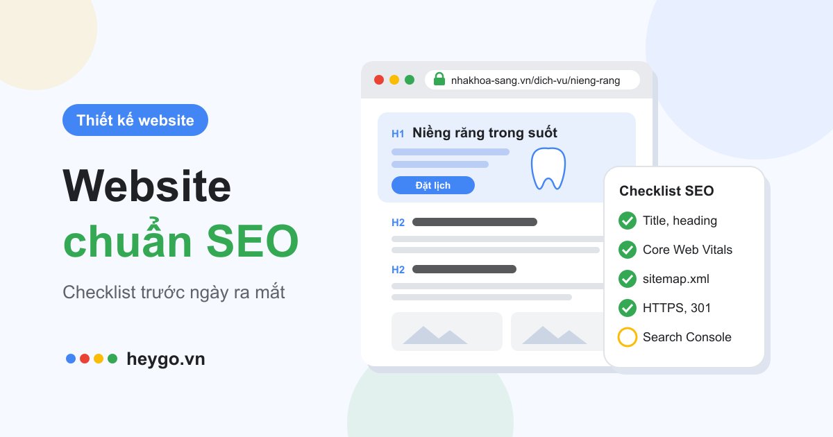 Minh họa cửa sổ trình duyệt hiển thị website nha khoa kèm danh sách kiểm tra SEO đã đánh dấu: tiêu đề, tốc độ, sitemap, HTTPS